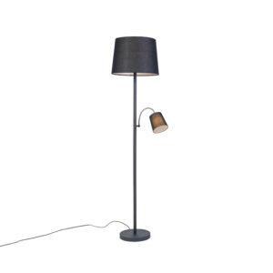 Klasická stojaca lampa čierna s čiernym tienidlom a svetlom na čítanie - Retro