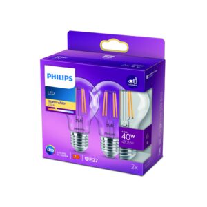 Philips LED žiarovka E27 4,3W 2700K filament 2 ks