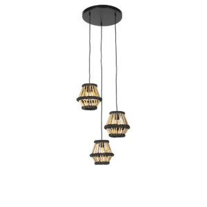 Orientálne závesné svietidlo bambusové s čiernym okrúhlym 3-svetlom - Evalin