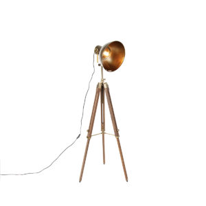 Priemyselná statívová stojaca lampa bronzová s drevom - Mangoes