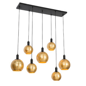 Dizajnové závesné svietidlo čierne so zlatým sklom 7 svetiel - Bert