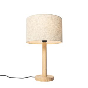 Vidiecka stolová lampa drevená s ľanovým tienidlom béžová 25 cm - Mels