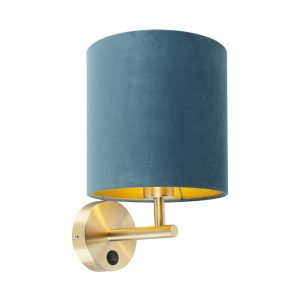 Elegantná nástenná lampa zlatá s modrým zamatovým odtieňom - matná