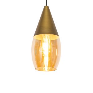Moderné závesné svietidlo zlaté s jantárovým sklom - Drop