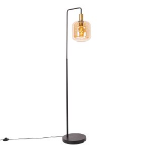 Dizajnová stojaca lampa čierna s mosadzou a jantárovým sklom - Zuzanna