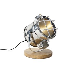Priemyselná stolná lampa oceľová s nastaviteľným drevom - Lesklá