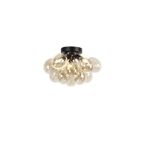 Dizajnové stropné svietidlo čierne s jantárovým sklom 3-svetlé – Uvas