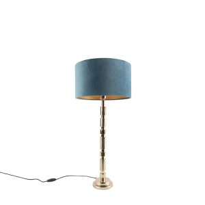 Art Deco stolná lampa zlatý zamat odtieň modrá 35 cm – Torre